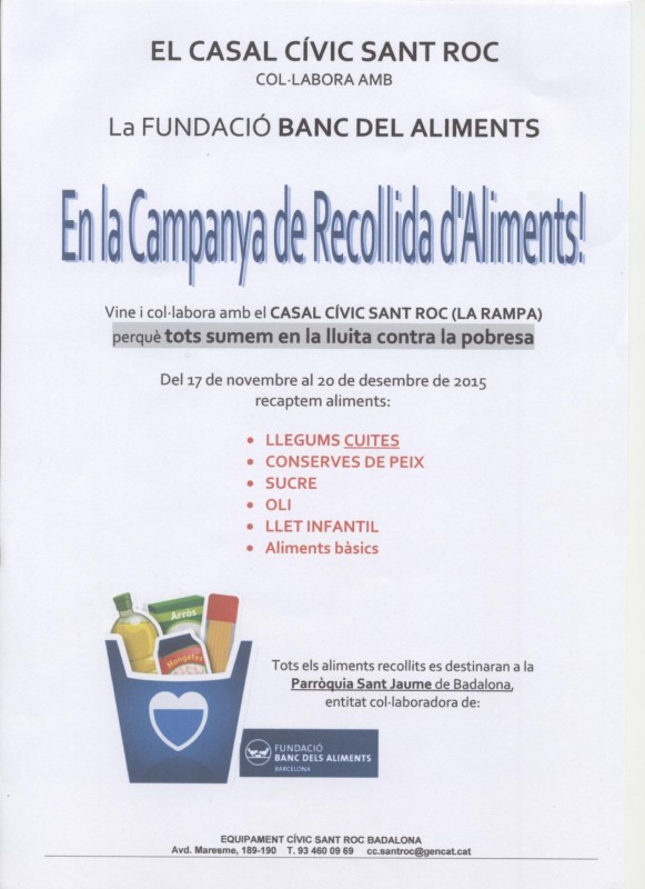 recollida d'aliments Casal cívic Sant Roc amb Banc d'Aliments